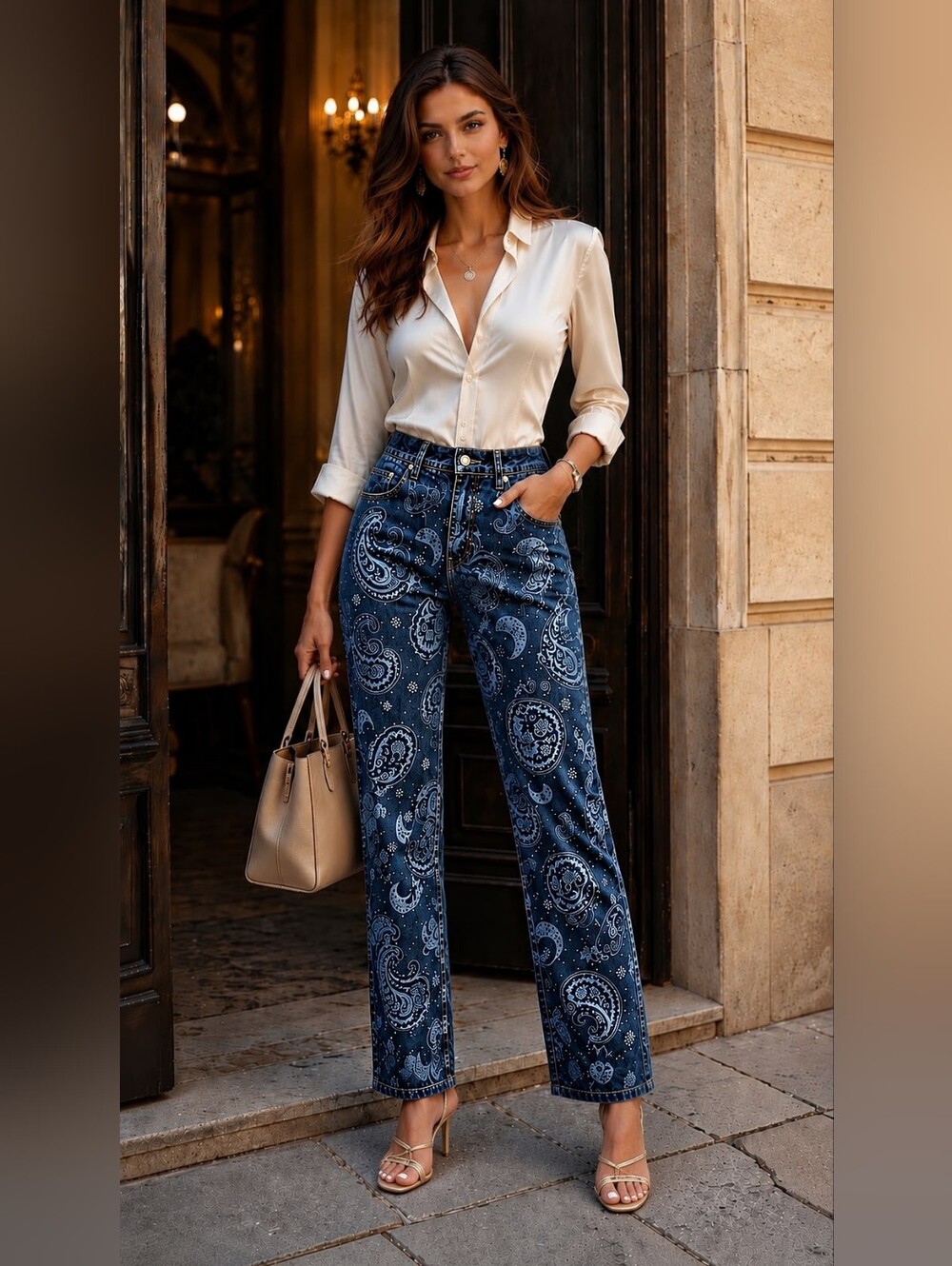 High Rise Blue Cotton  With White Paisley And Rhinestone Accebt Wide Leg Jeans